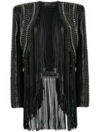 Balmain Cropped Fringe Leather Jacket - Black