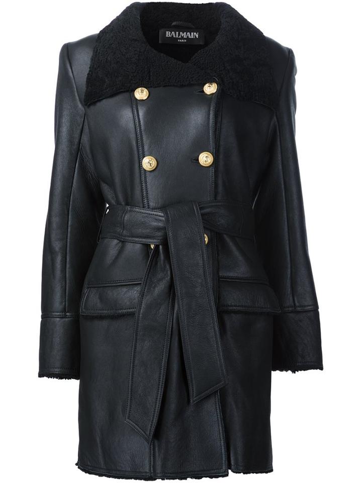 Balmain Double Breasted Shearling Coat, Women's, Size: 38, Black, Lamb Skin