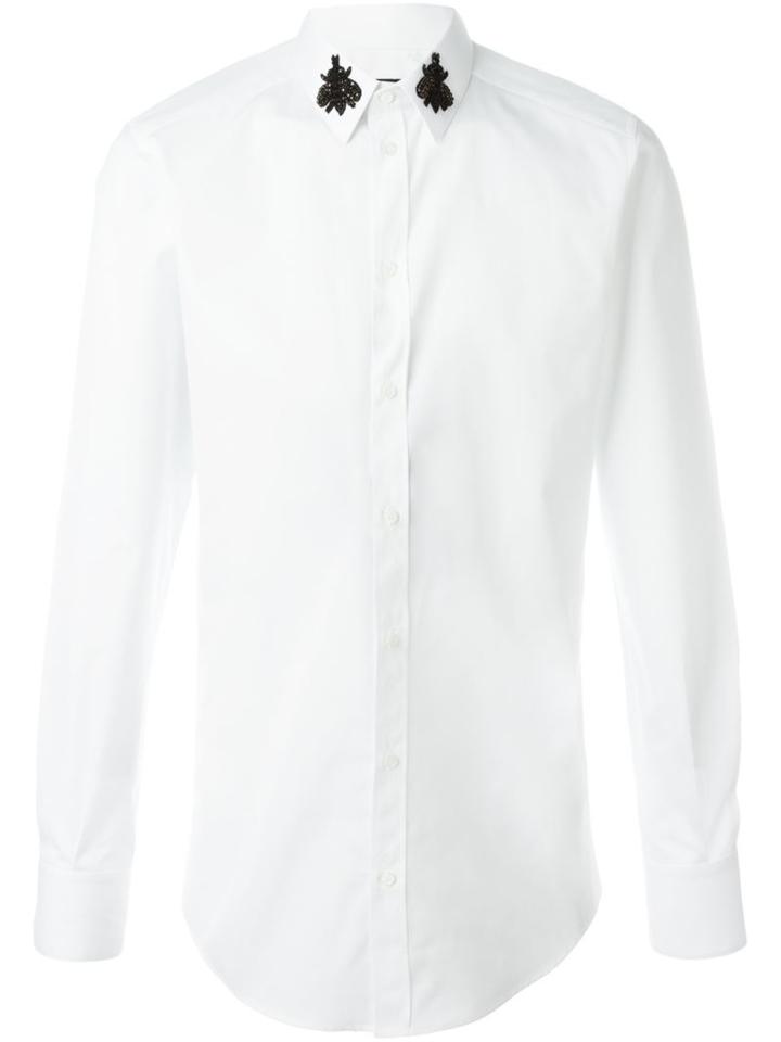 Dolce & Gabbana Embroidered Bee Collar Shirt, Men's, Size: 42, White, Cotton/crystal/glass/polyester