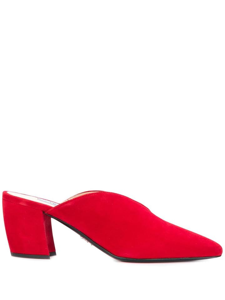 Prada Pointed Toe Suede Mules - Red