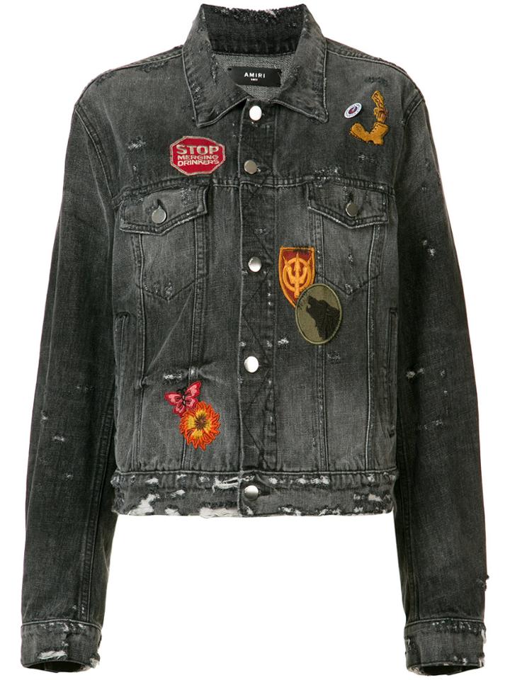 Amiri Badge Patch Distressed Denim Jacket - Grey