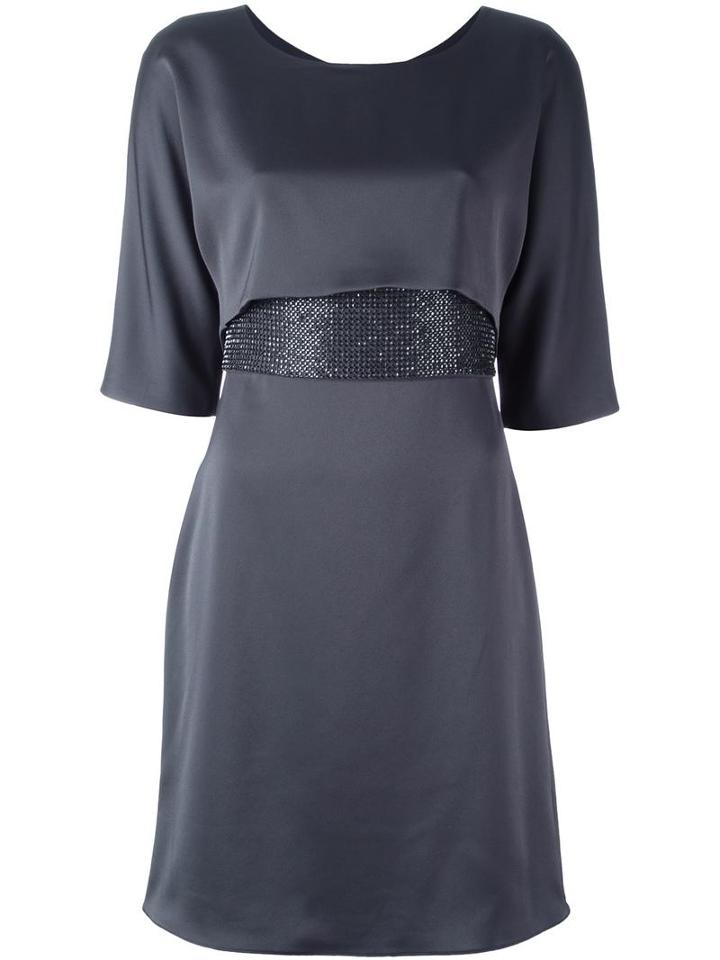 Armani Collezioni Beaded Waist Satin Dress, Women's, Size: 42, Grey, Polyester/glass