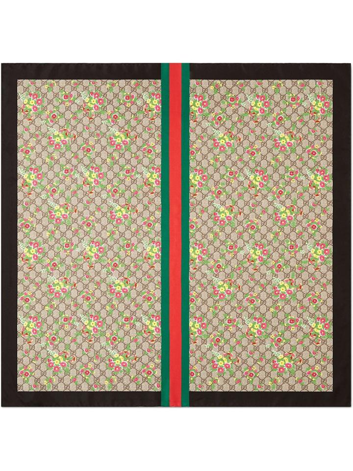 Gucci Floral And Gg Print Silk Scarf - Neutrals