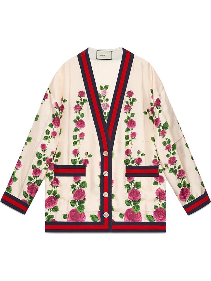 Gucci Rose Garden Print Silk Cardigan - Pink & Purple