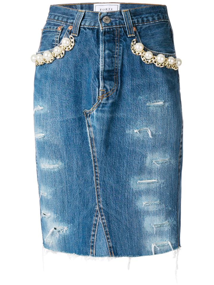 Forte Couture Pearl Embellished Denim Skirt - Blue