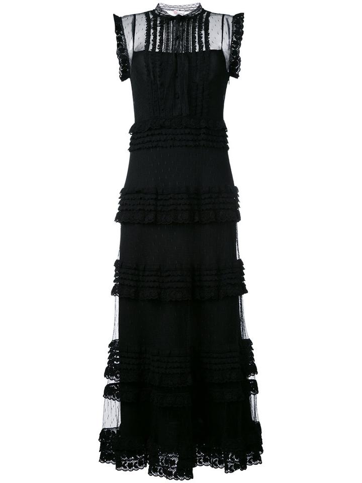 Red Valentino - Lace-detail Ruffle Maxi Dress - Women - Cotton/polyamide/polyester - 44, Women's, Black, Cotton/polyamide/polyester