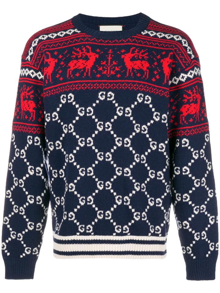 Gucci Gg And Reindeer Jacquard Sweater - Blue