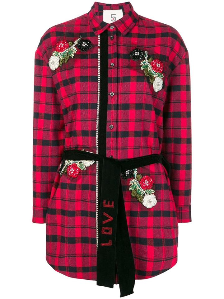 5 Progress Embellished Belted Plaid Shirt - Red