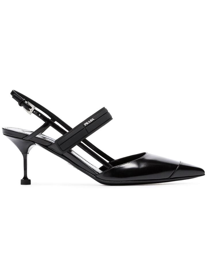 Prada Black 65 Rubber Strap Slingback Leather Pumps