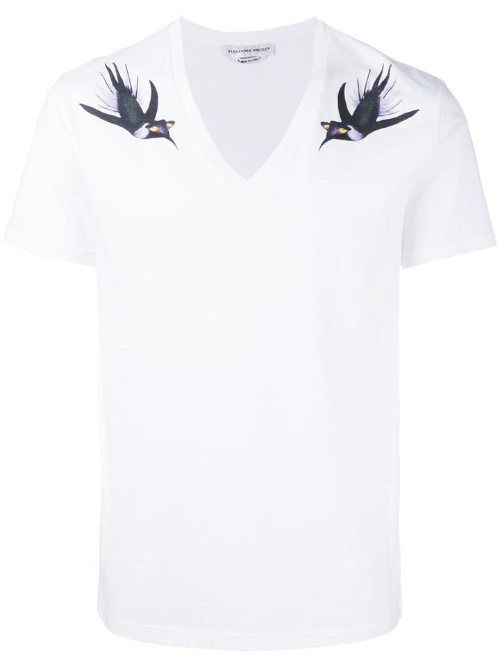 Alexander Mcqueen Bird Print T-shirt, Men's, Size: Large, White, Cotton