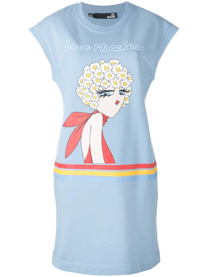 Love Moschino Cartoon Print T-shirt Dress, Women's, Size: 40, Blue, Cotton/spandex/elastane/polyester