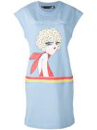 Love Moschino Cartoon Print T-shirt Dress, Women's, Size: 40, Blue, Cotton/spandex/elastane/polyester