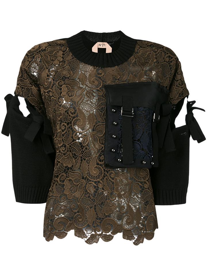 No21 - Studded Pocket Embroidered Top - Women - Cotton/polyester - 42, Black, Cotton/polyester