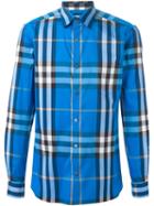 Burberry Checked Shirt, Men's, Size: Xxl, Blue, Cotton/polyamide/spandex/elastane