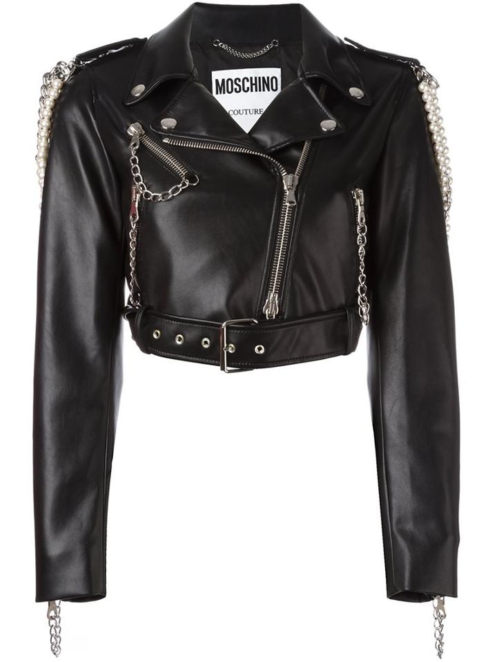 Moschino Chain Embellished Biker Jacket, Women's, Size: 40, Black, Polyester/polyurethane/rayon/glass