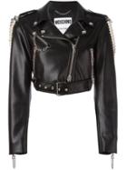 Moschino Chain Embellished Biker Jacket, Women's, Size: 40, Black, Polyester/polyurethane/rayon/glass