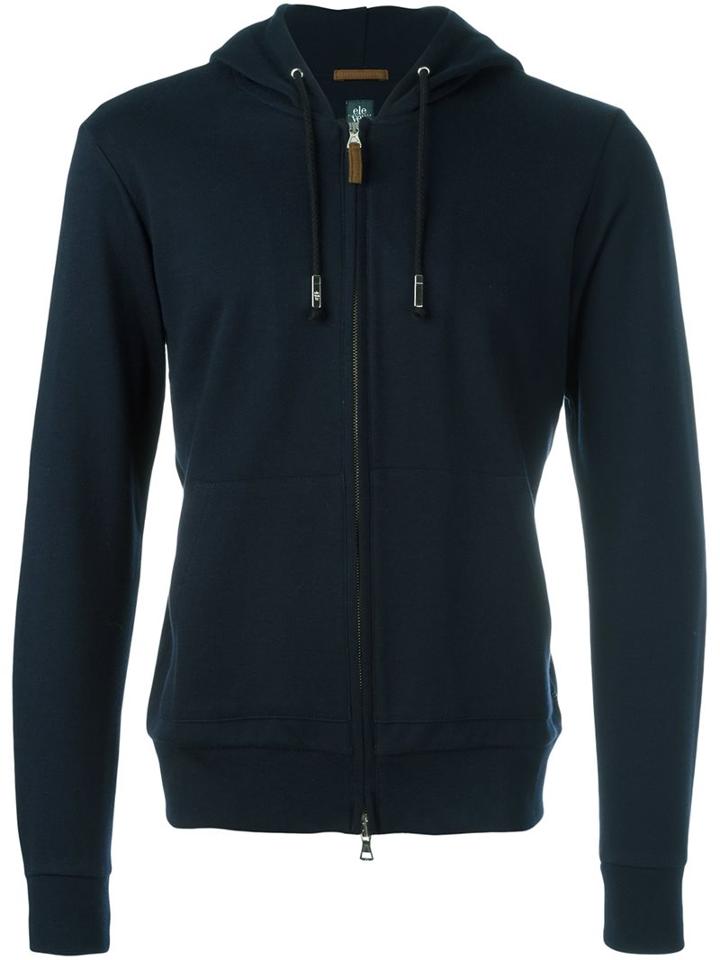 Eleventy Drawstring Detail Zipped Hoodie, Men's, Size: Large, Blue, Cotton/polyamide