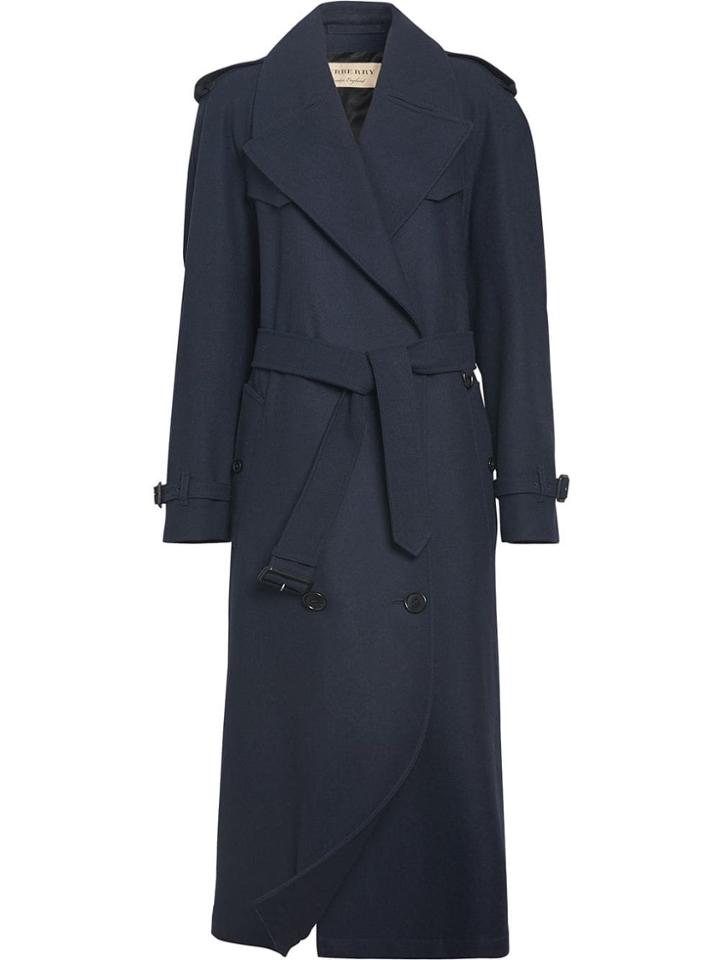 Burberry Herringbone Wool Blend Trench Coat - Blue