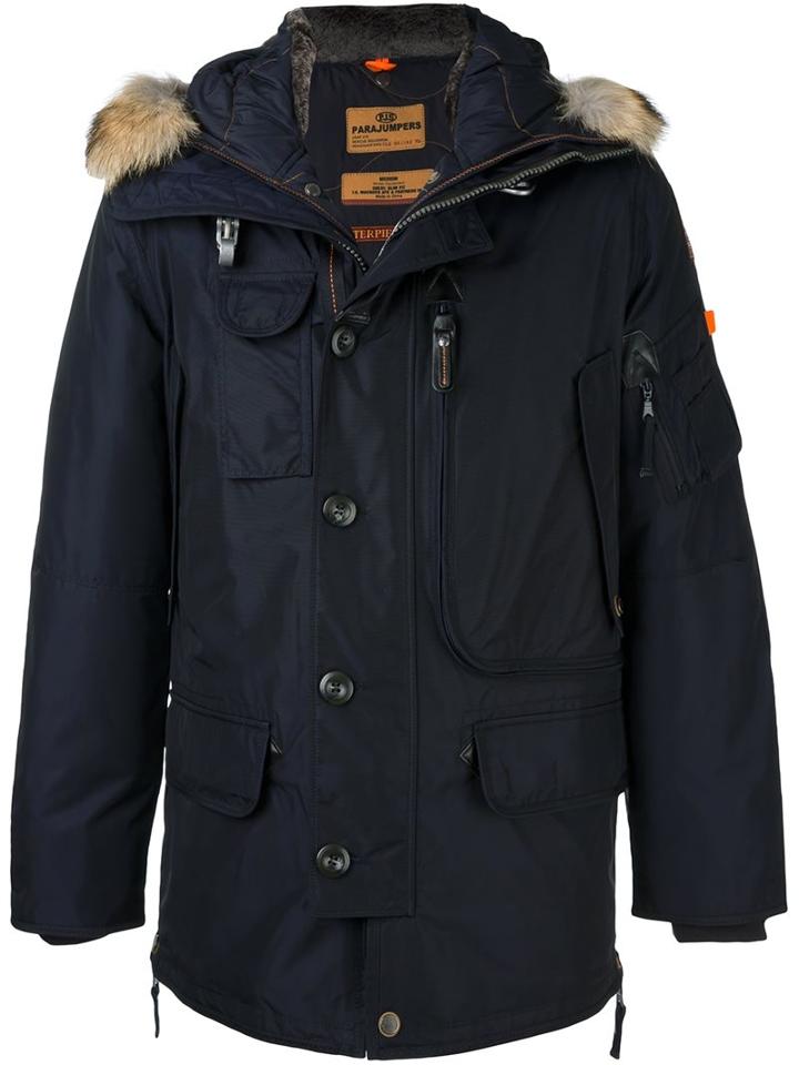 Parajumpers Multiple Pockets Hooded Jacket, Men's, Size: Xs, Blue, Feather Down/acrylic/polyamide/coyote Fur