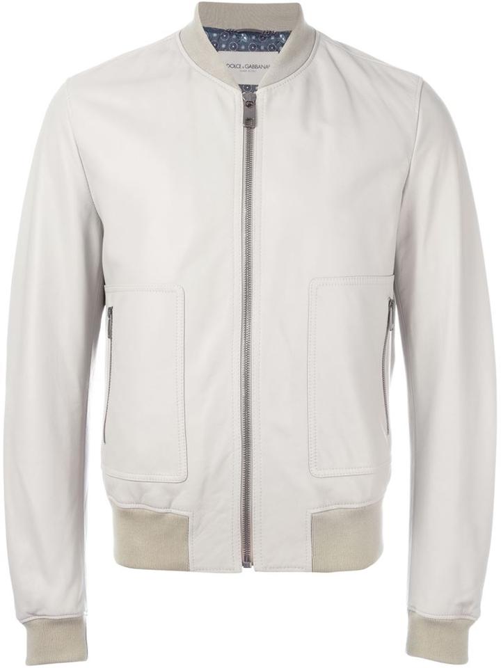 Dolce & Gabbana Leather Bomber Jacket, Men's, Size: 52, Nude/neutrals, Lamb Skin/viscose