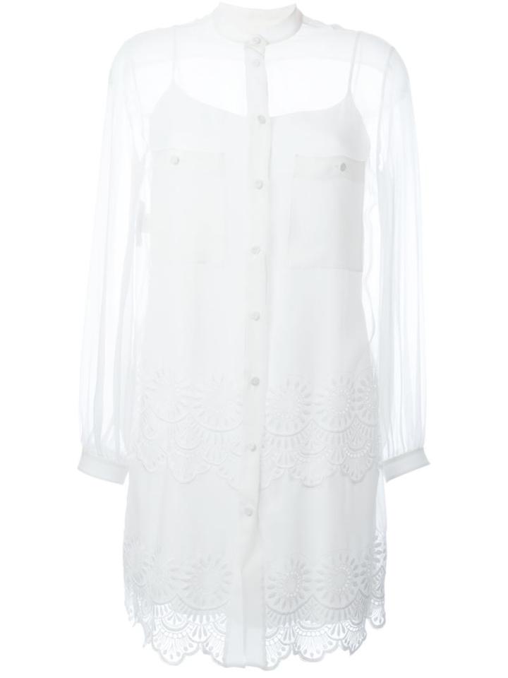 Alberta Ferretti Embroidered Sheer Shirt Dress, Women's, Size: 42, White, Silk/cotton/polyester