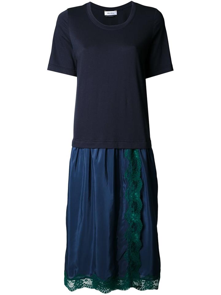 Muveil Lace Detail Mid-length Dress, Women's, Size: 38, Blue, Polyester/nylon/cotton