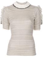 Sonia Rykiel Ruffle Striped Short Sleeve Sweater - White