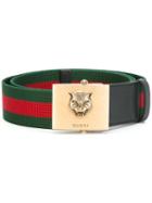 Gucci Feline Buckle Web Belt, Men's, Size: 95, Green, Calf Leather/canvas