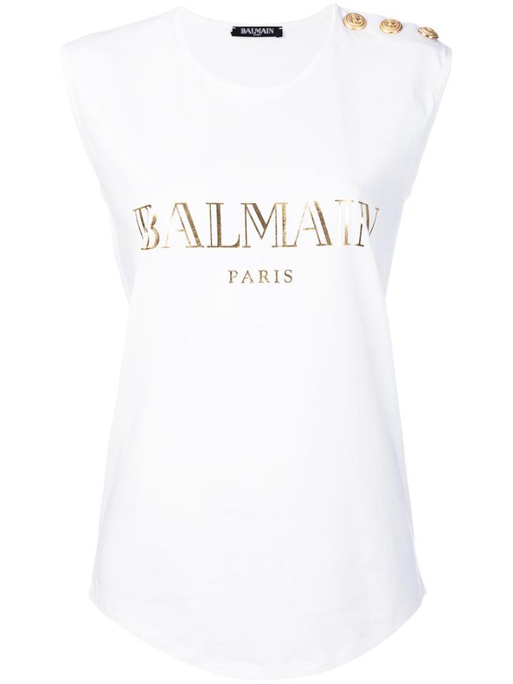 Balmain - Logo Print Top - Women - Cotton - 40, White, Cotton