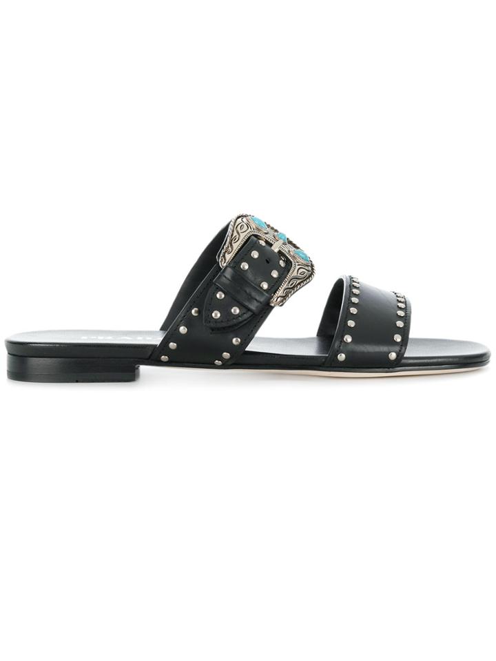 Prada Western Buckle Flat Sandals - Black