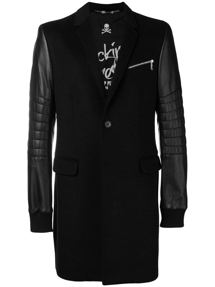 Philipp Plein Leather Sleeves Coat - Black