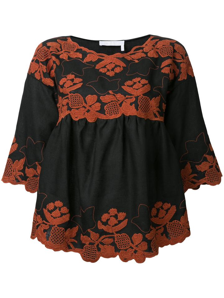 Chloé Folk Embroidered Blouse, Women's, Size: 38, Black, Linen/flax