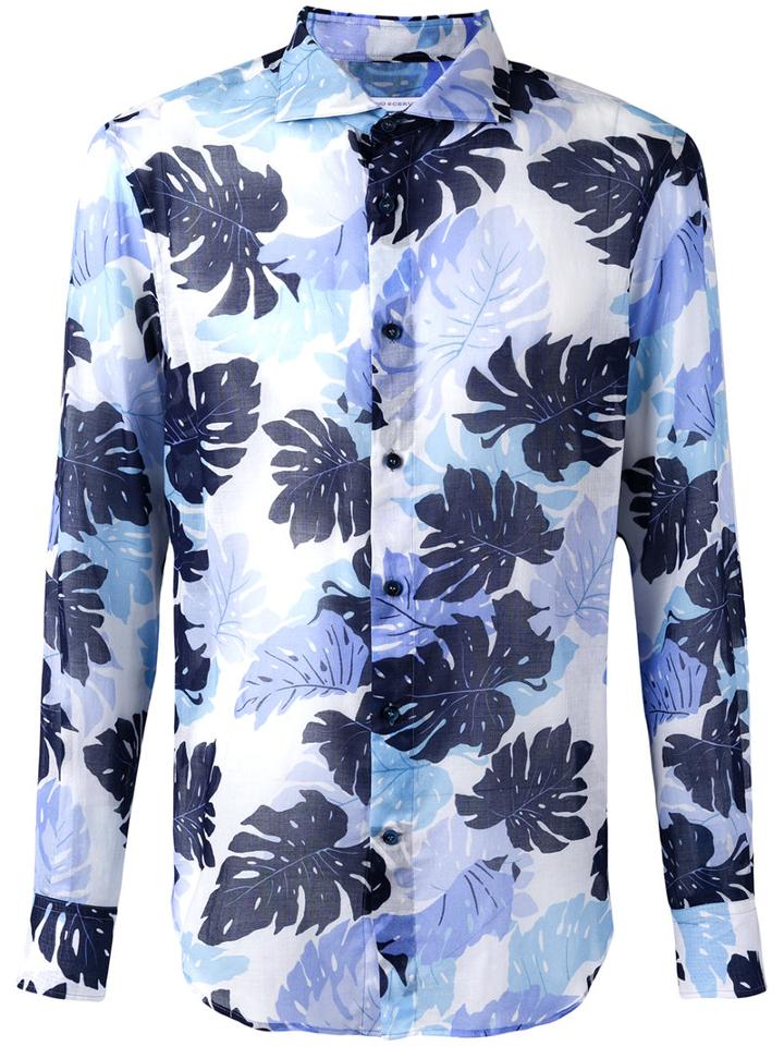 Ermanno Scervino Palm Print Shirt, Men's, Size: 50, Blue, Cotton