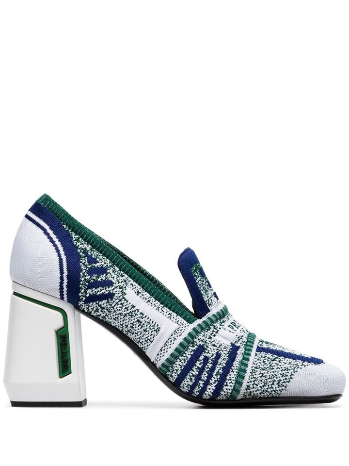 Prada White 85 Stretch Knit Leather Loafer Pumps