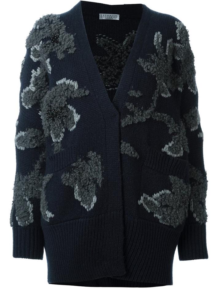 Brunello Cucinelli Floral Pattern Cardigan, Women's, Size: Medium, Blue, Cashmere