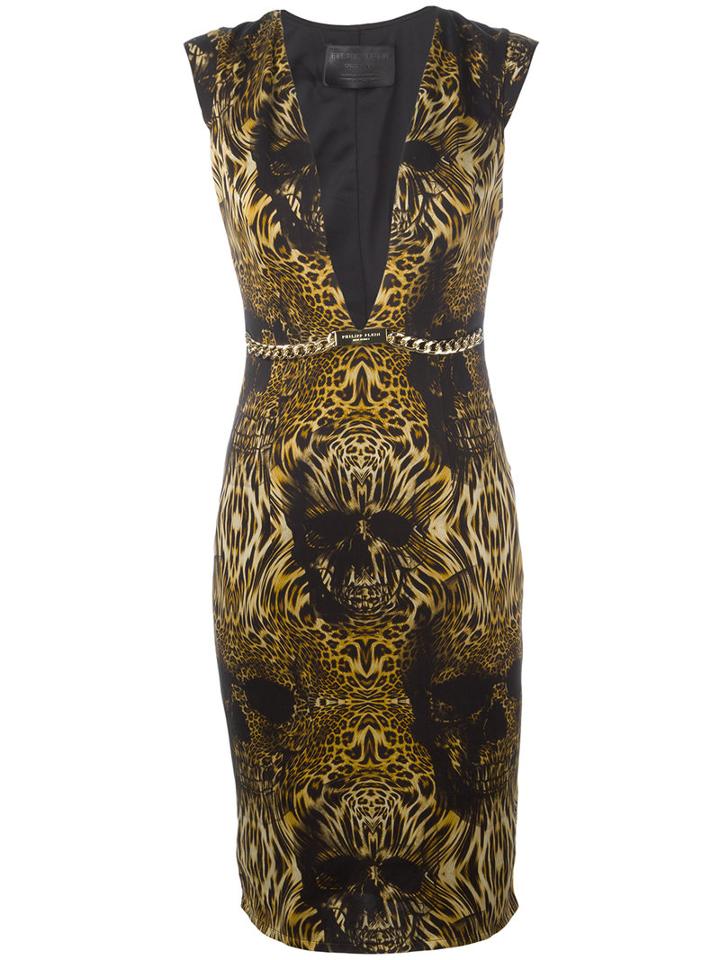 Philipp Plein - Printed Plunge Dress - Women - Spandex/elastane/cupro - S, Women's, Brown, Spandex/elastane/cupro