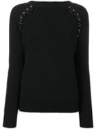 No21 - Eyelets And Gem Details Rib Knit Top - Women - Virgin Wool - 38, Black, Virgin Wool