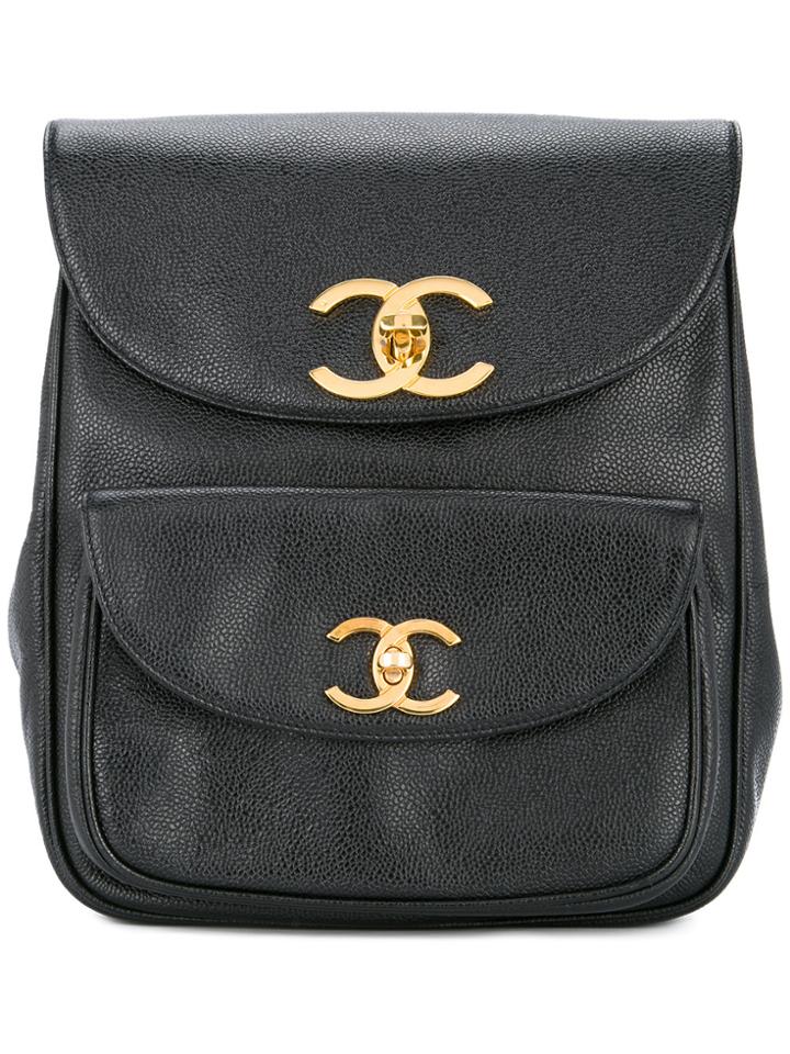 Chanel Vintage Interlocking Cc Flap Backpack - Black