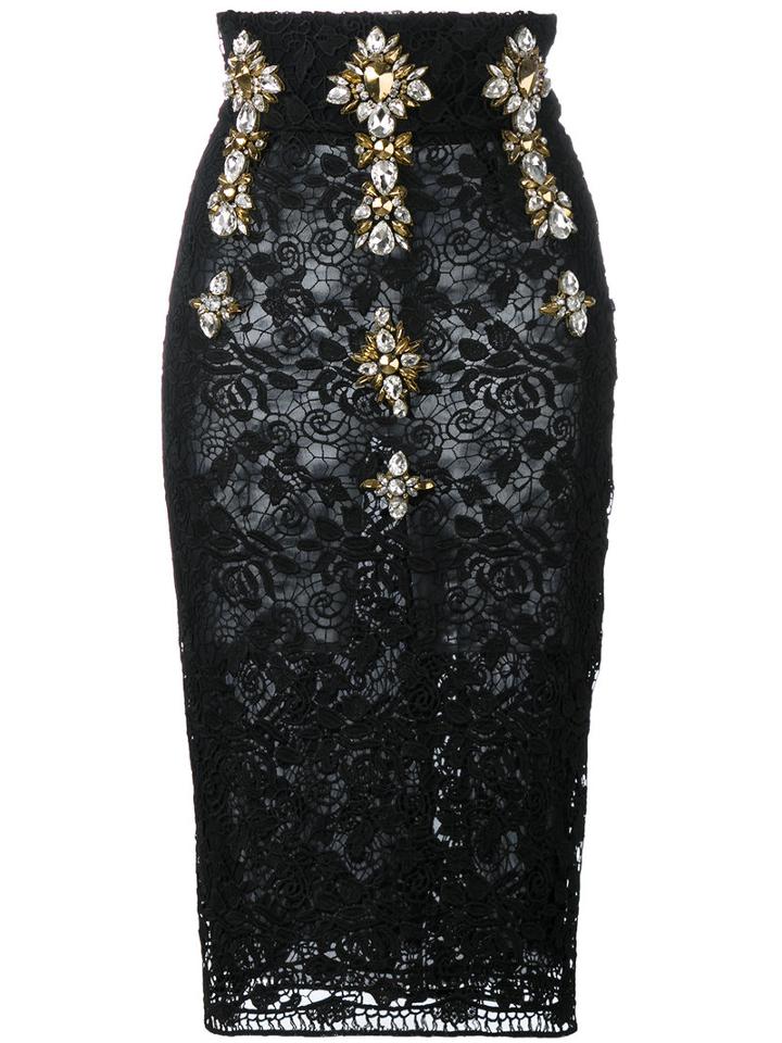 Stefano De Lellis - Embellished High Waist Lace Pencil Skirt - Women - Polyester - 42, Women's, Black, Polyester