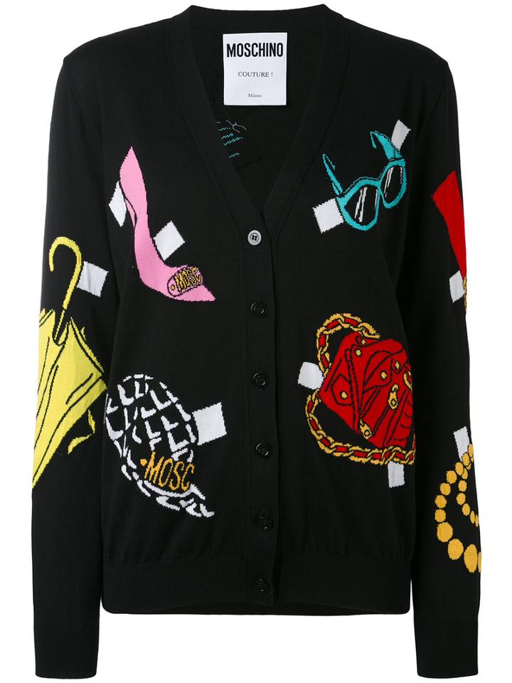 Moschino - Multi-pattern V-neck Cardigan - Women - Cotton - 46, Black, Cotton