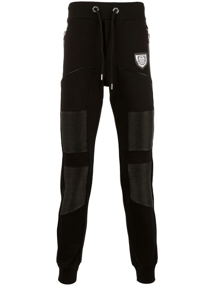 Philipp Plein Leather Panel Track Pants, Men's, Size: Small, Black, Cotton/artificial Leather/polyurethane/polyester