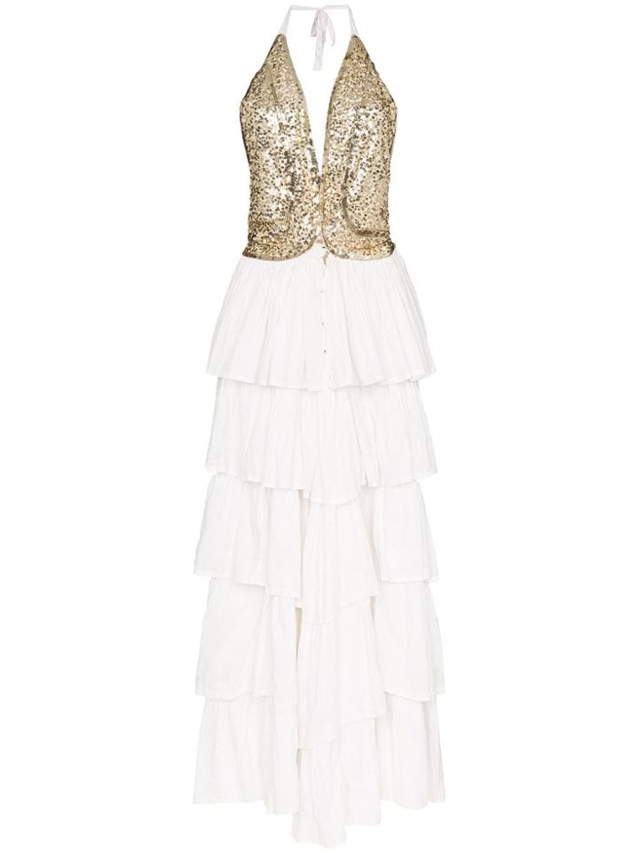One Vintage Halterneck Sequin Tiered Dress - White