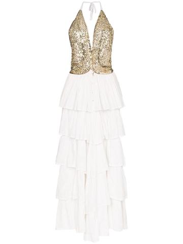 One Vintage Halterneck Sequin Tiered Dress - White