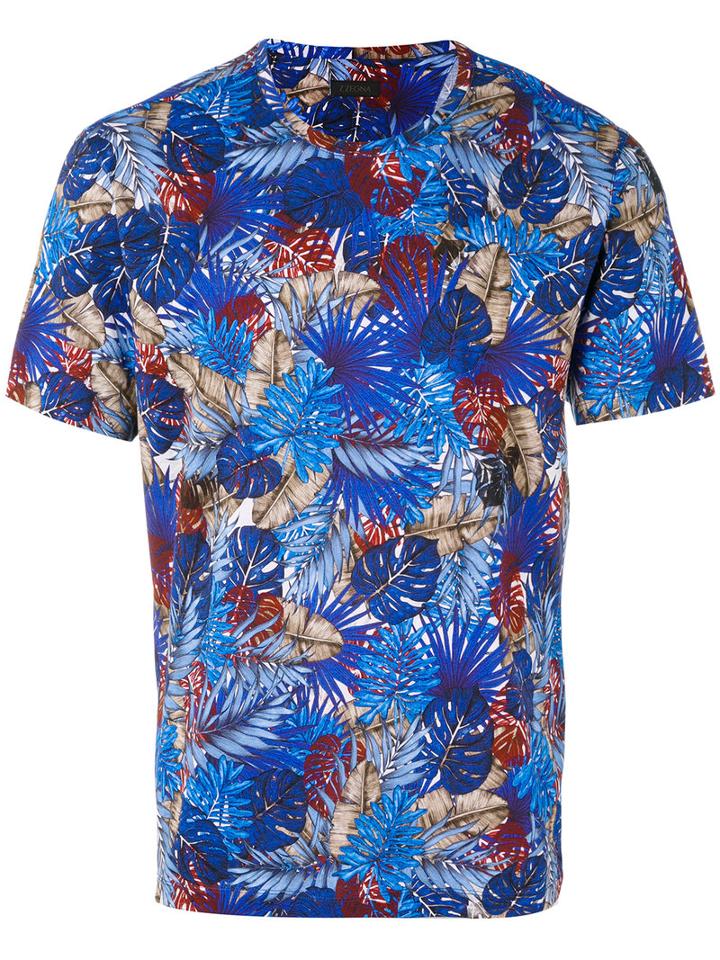 Z Zegna - Leaf Print T-shirt - Men - Cotton - Xl, Blue, Cotton