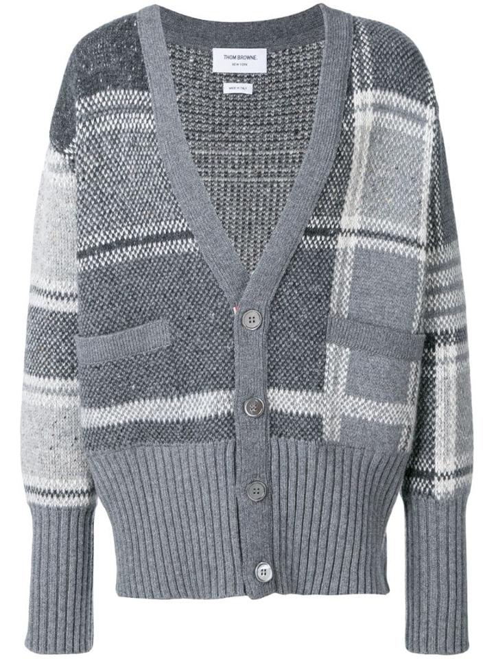 Thom Browne 4-bar Oversized Plaid Cardigan - Grey