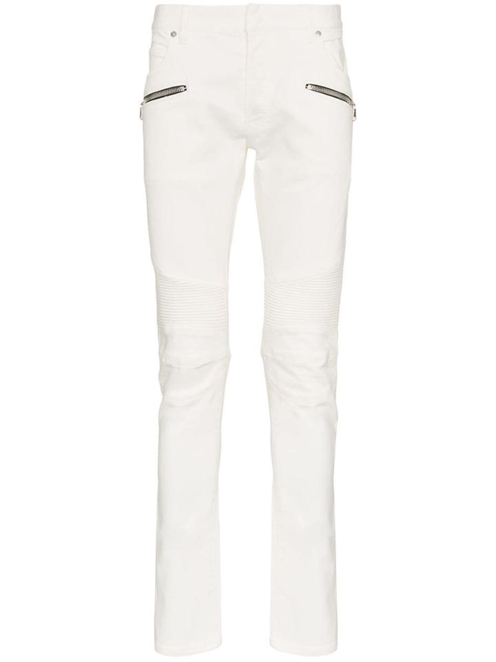 Balmain Skinny Logo Patch Biker Jeans - White