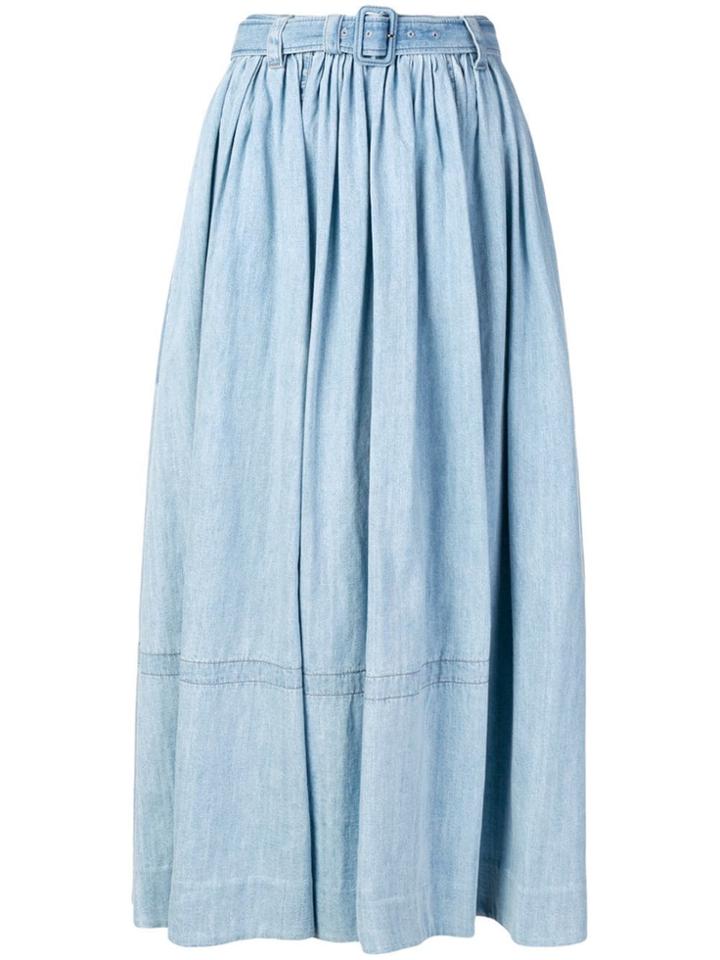 Prada Pleated Belted Denim Skirt - Blue
