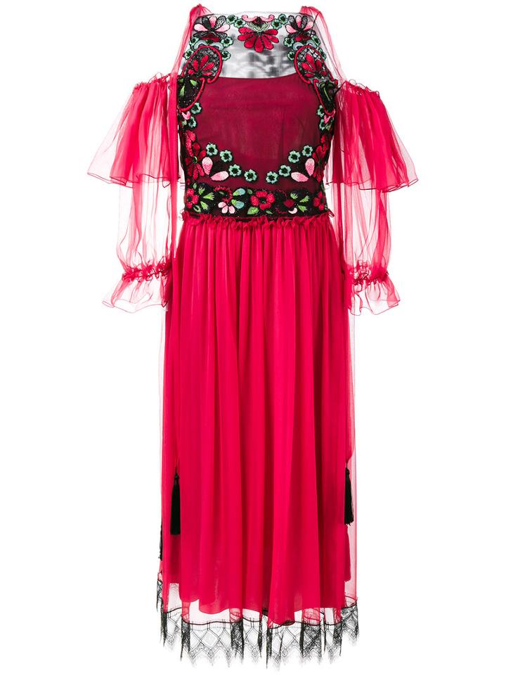 Alberta Ferretti - Embroidered Ruffle Cold-shoulder Dress - Women - Silk/polyamide - 38, Red, Silk/polyamide