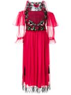 Alberta Ferretti - Embroidered Ruffle Cold-shoulder Dress - Women - Silk/polyamide - 38, Red, Silk/polyamide