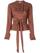Romeo Gigli Vintage Ruffled Trim Belted Shirt - Brown